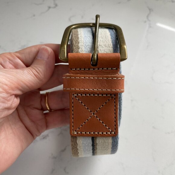 Eddie Bauer Outfitter Stripe Textile Belt Brass Buckle Leather Trim  34"-38" - Picture 5 of 10